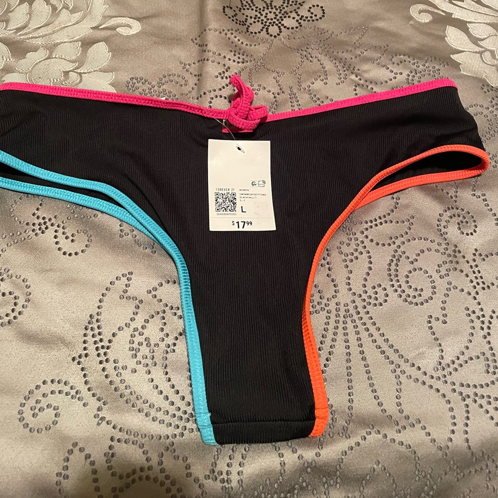 Colorful Trim Black Bikini Bottom